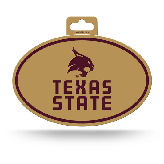 An oval Texas State logo sign or decal in tan and maroon, shown on a white background with a small hanging tab at the top.