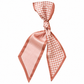 A silk scarf tied in a knot, featuring a coral pink and white gingham check pattern on one side, white and light pink diagonal stripes on the other, and a solid coral pink border.