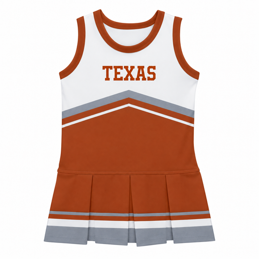 Texas Longhorns toddler cheer dress in white and burnt orange with TEXAS lettering and pleated skirt