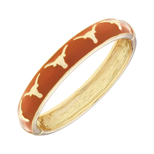 Burnt orange enamel Texas Longhorns hinge bangle with sculpted gold Longhorn logos