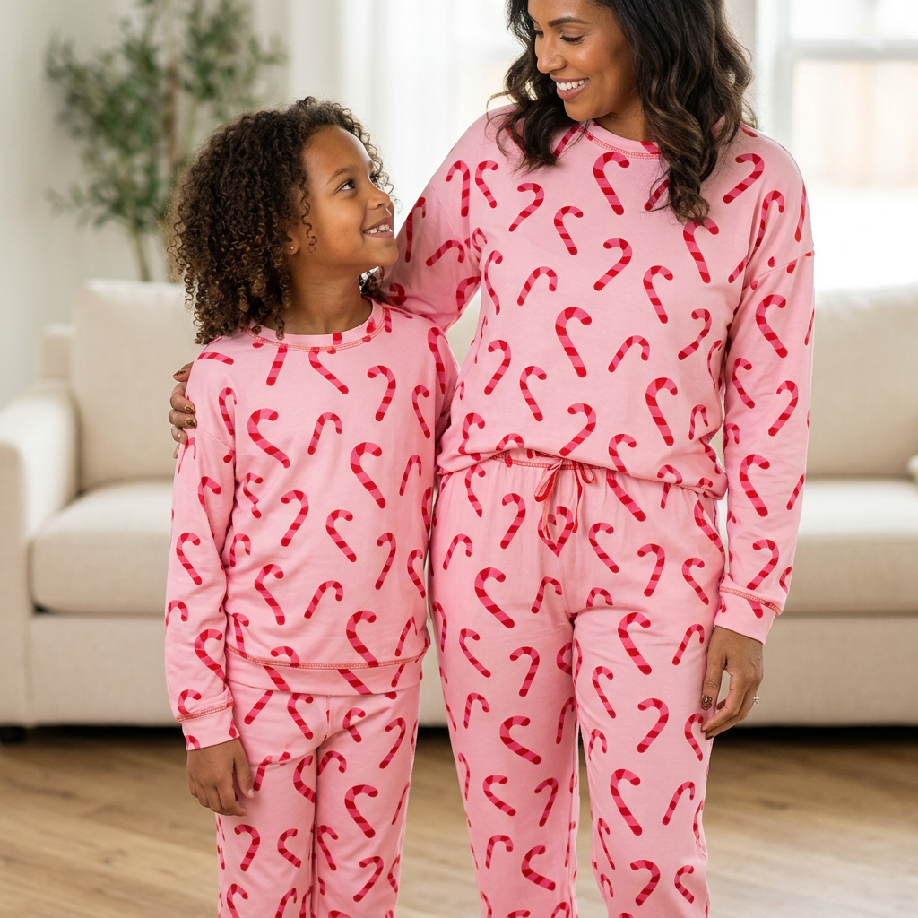 Adult and child in matching Candy Cane Wishes lounge sets