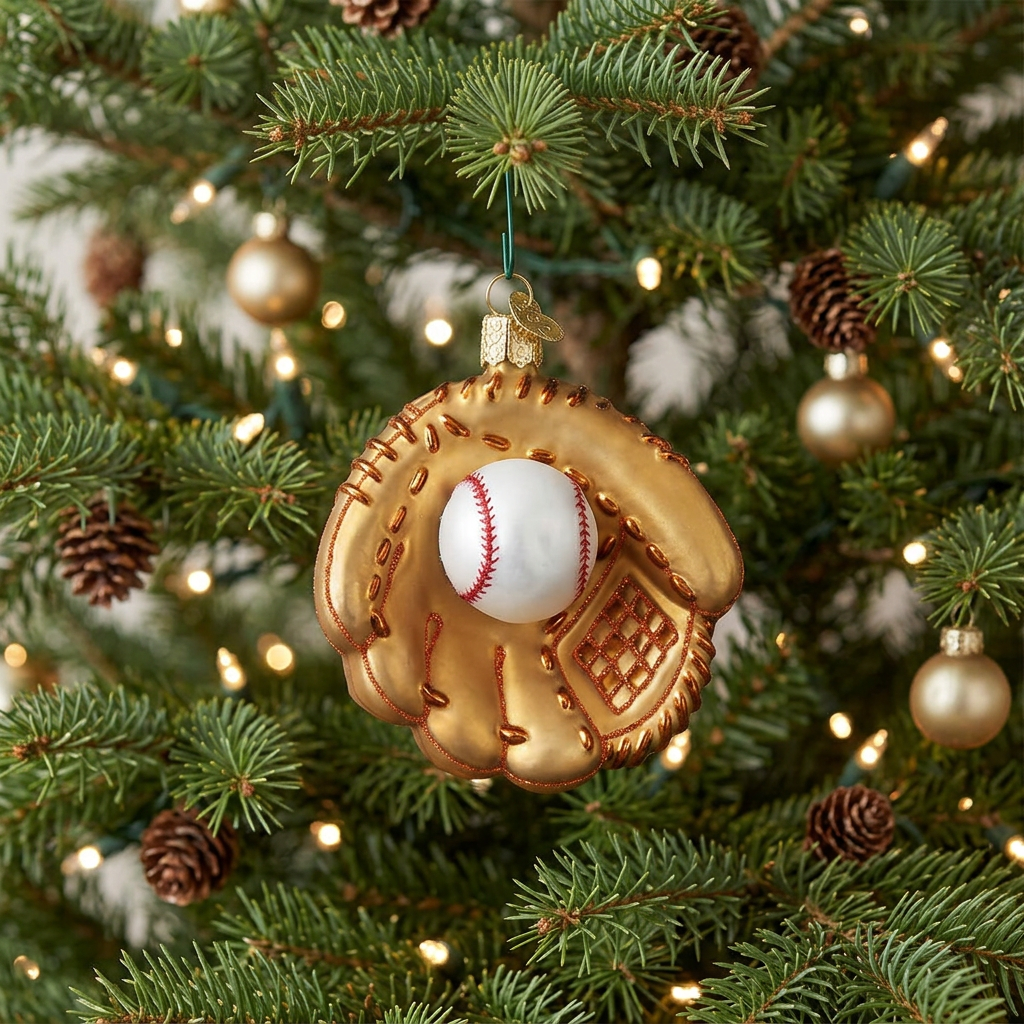 Baseball mitt ornament with smaller scale and more tree context