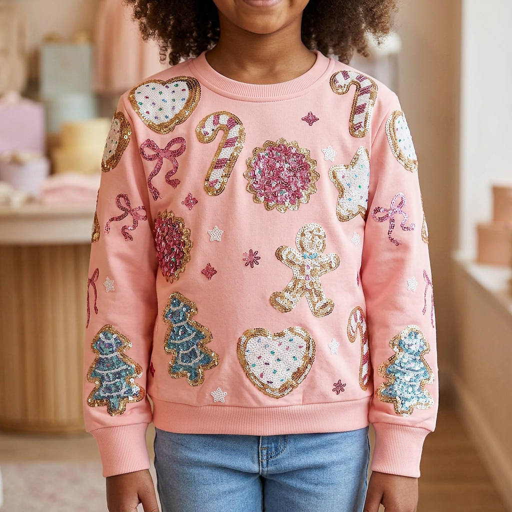 Belle Cher pink cookie sweatshirt on a child model