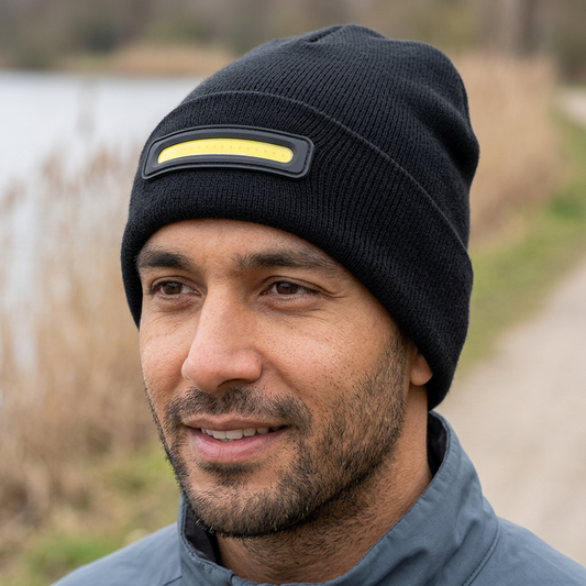 Black Night Watch LED beanie on an adult man