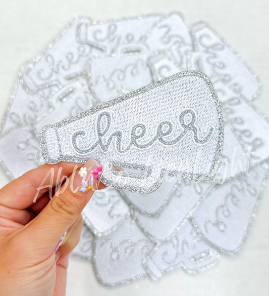 SILVER glitter white cheer megaphone hat patch iron on