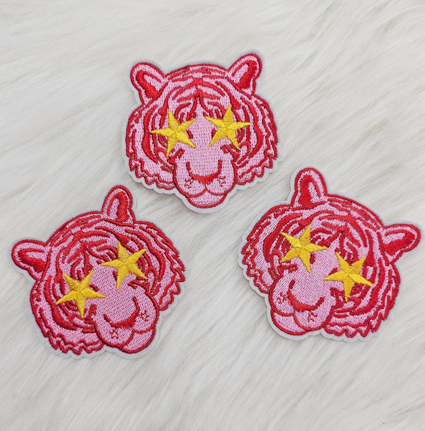 Small Pink Tiger Mascot with Star Eyes Embroidery Iron On Patch