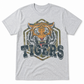 Heather gray T-shirt with a roaring tiger, distressed Tigers lettering, and a muted camouflage graphic.