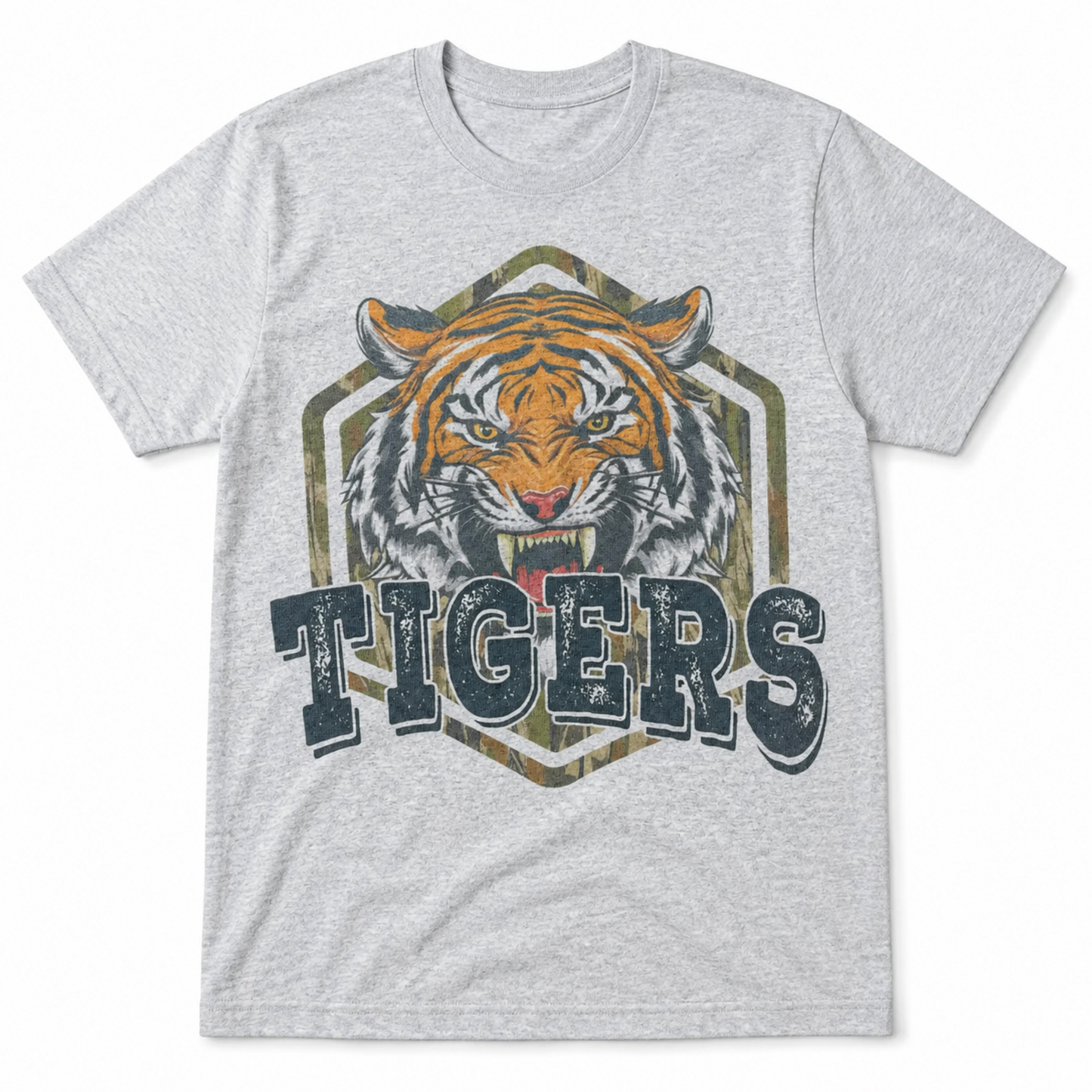 Heather gray T-shirt with a roaring tiger, distressed Tigers lettering, and a muted camouflage graphic.