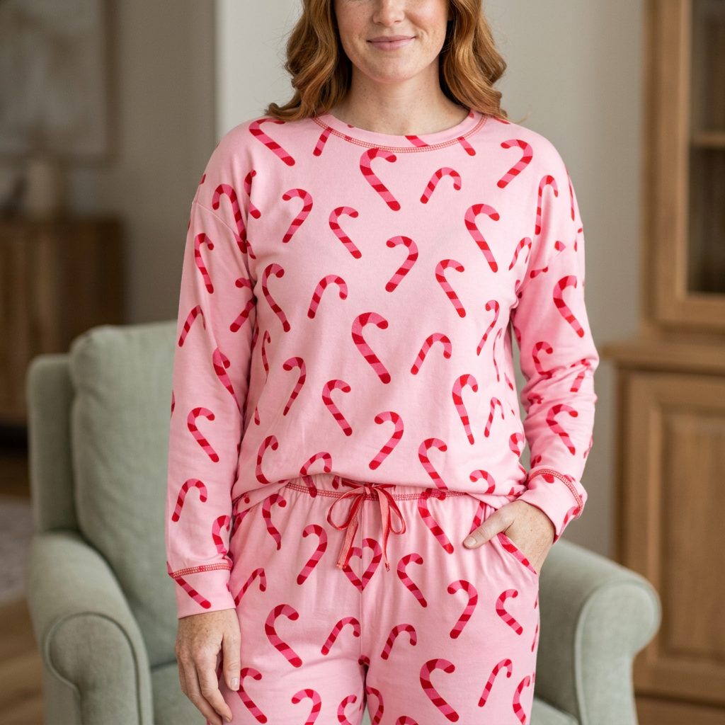 Candy Cane Wishes lounge set on an adult model