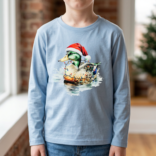 Christmas Lights Mallard shirt on a child model