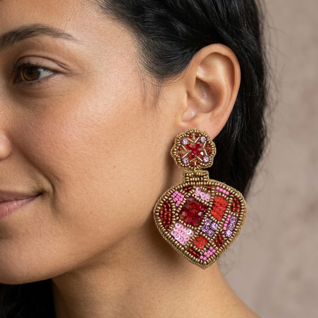 Christmas Ornament Beaded Earrings on a model