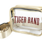 A clear plastic fanny pack with a beige satin strap and trim, featuring the text 'TIGER BAND' printed in dark red across the front, set against a plain white background.