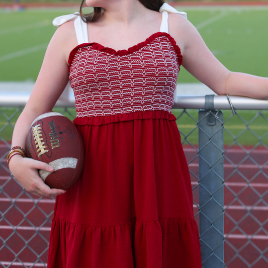Game Day Shoulder Bow Tie Smocked Woven Mini Dress