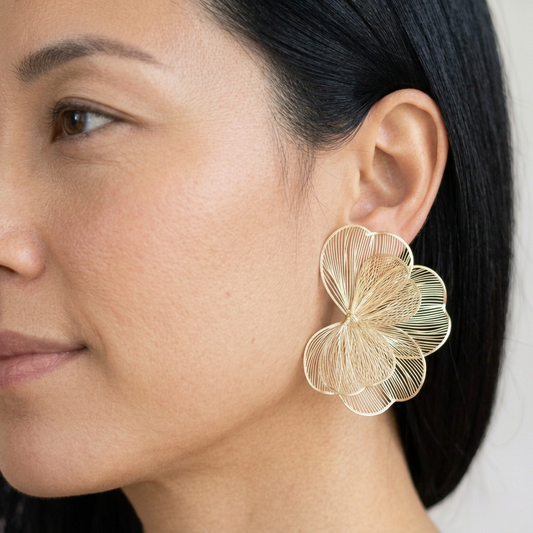 Gold flower earrings with corrected close-up framing