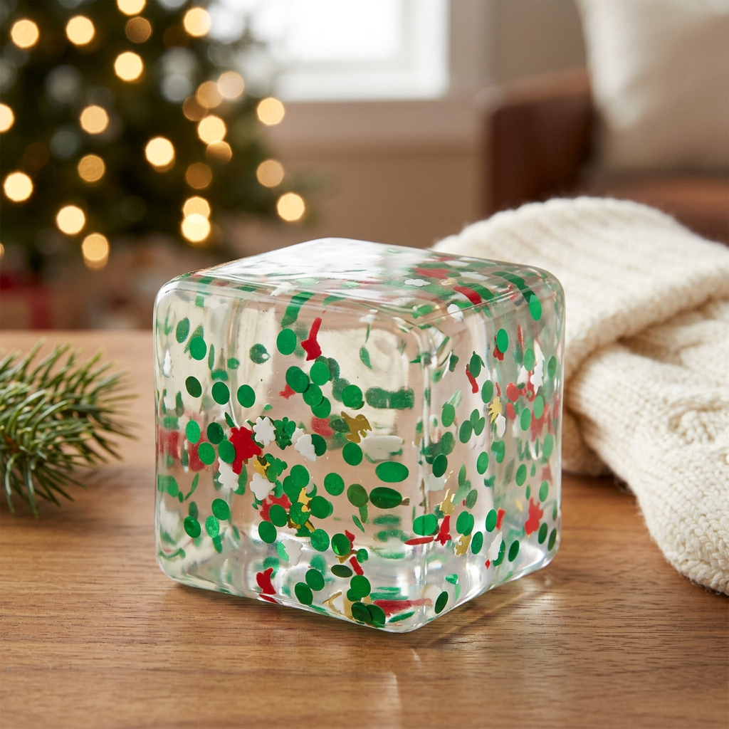Green Christmas Qube in a cozy stocking-stuffer setting