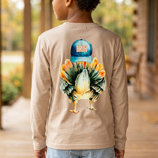 Kids’ Bruh Turkey shirt shown from the back on a child model