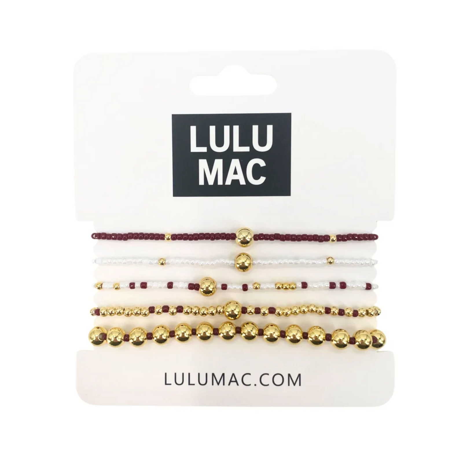 Five-piece Lulu Mac bracelet set with maroon and white beads and polished gold-tone accents.
