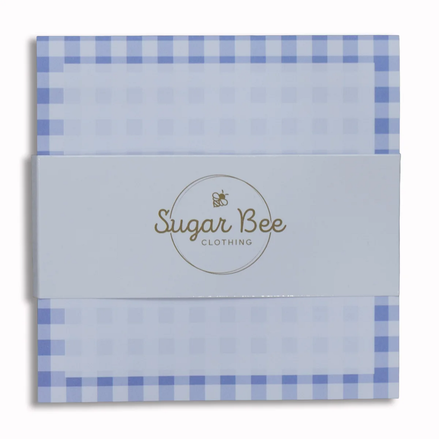 Lunch bag notes with a light blue gingham border and central writing area.