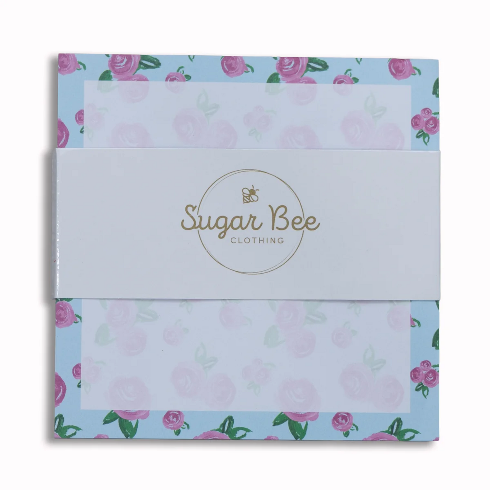 Lunch bag notes with a light blue border and pink rose pattern.