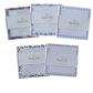 Five patterned lunch bag note sets displayed together on a white background.