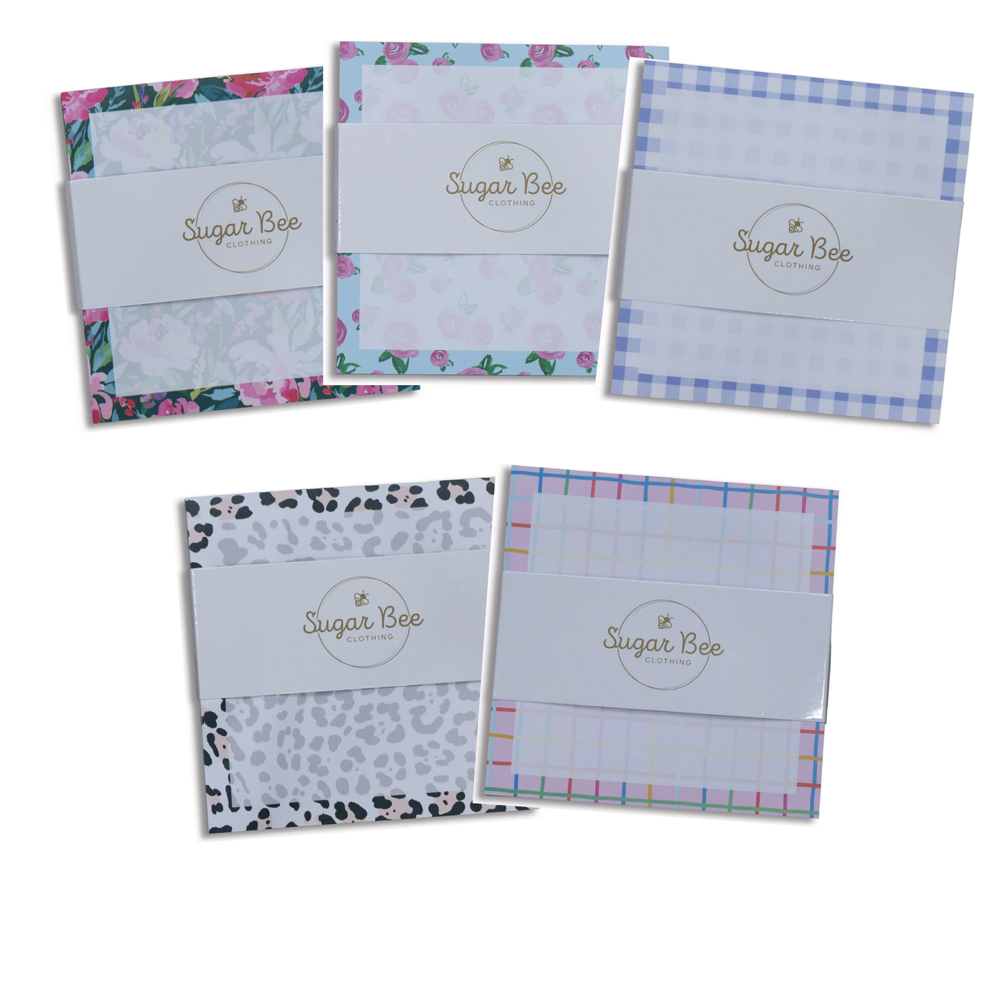 Five patterned lunch bag note sets displayed together on a white background.