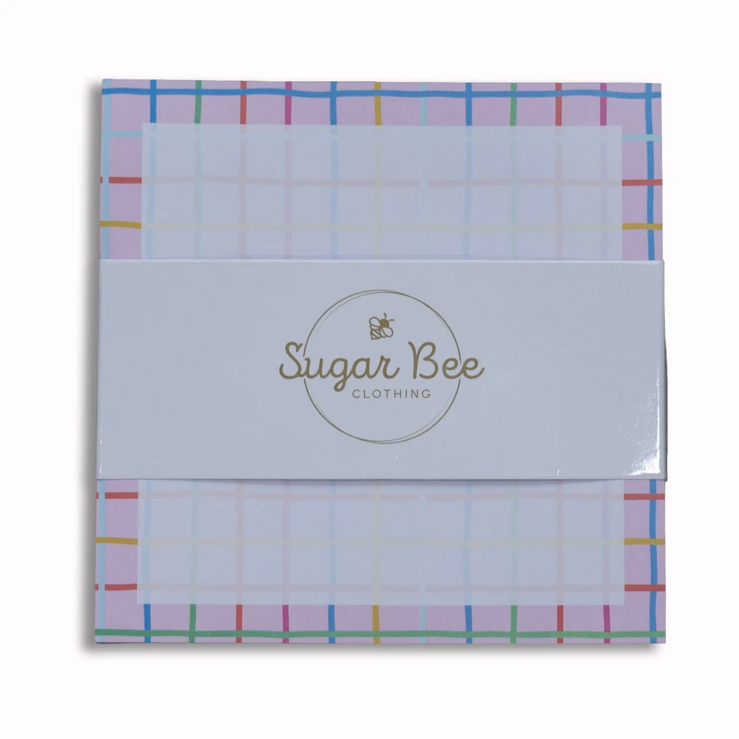 Lunch bag notes with a pink pastel plaid border and central writing area.
