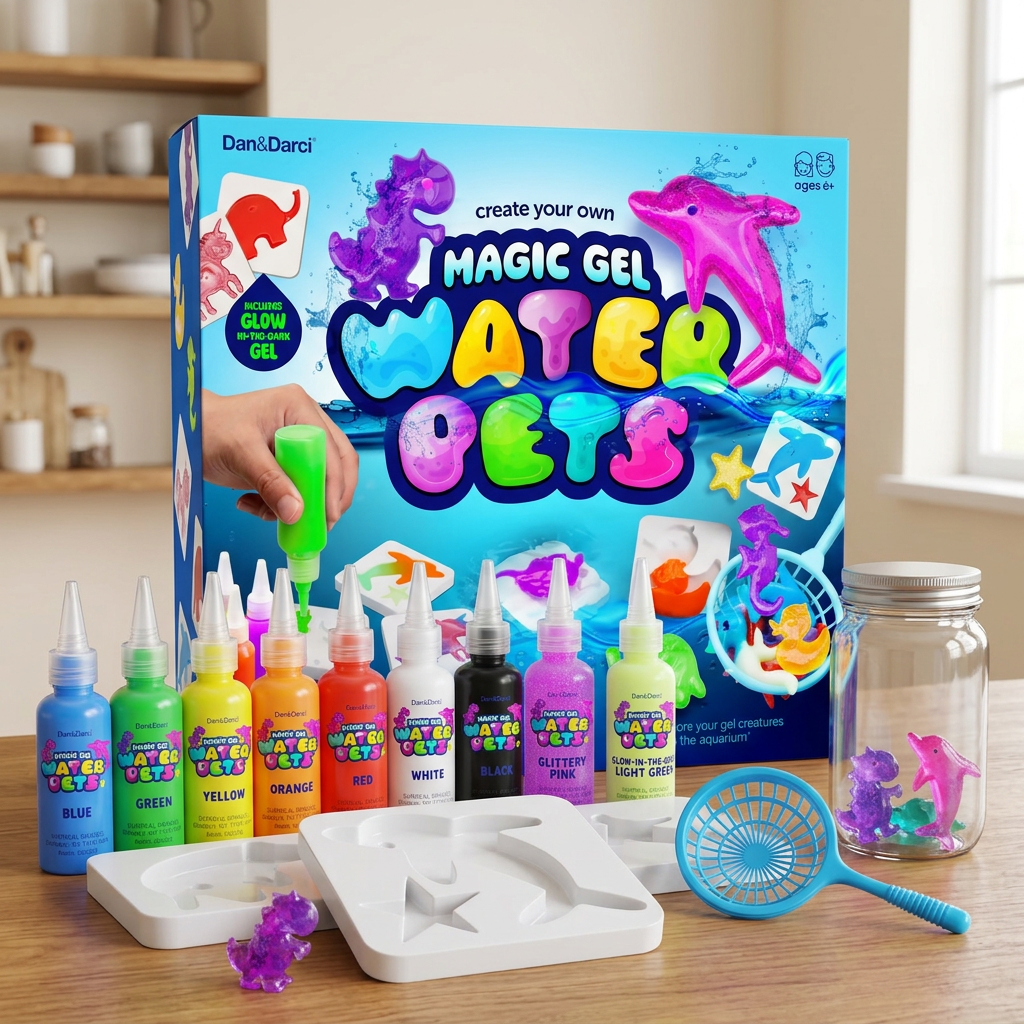 Magic Water Pets kit arranged on a natural wood table