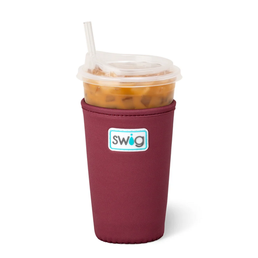 Maroon insulated iced drink cup coolie displayed on a clear cold beverage cup with a lid and straw.