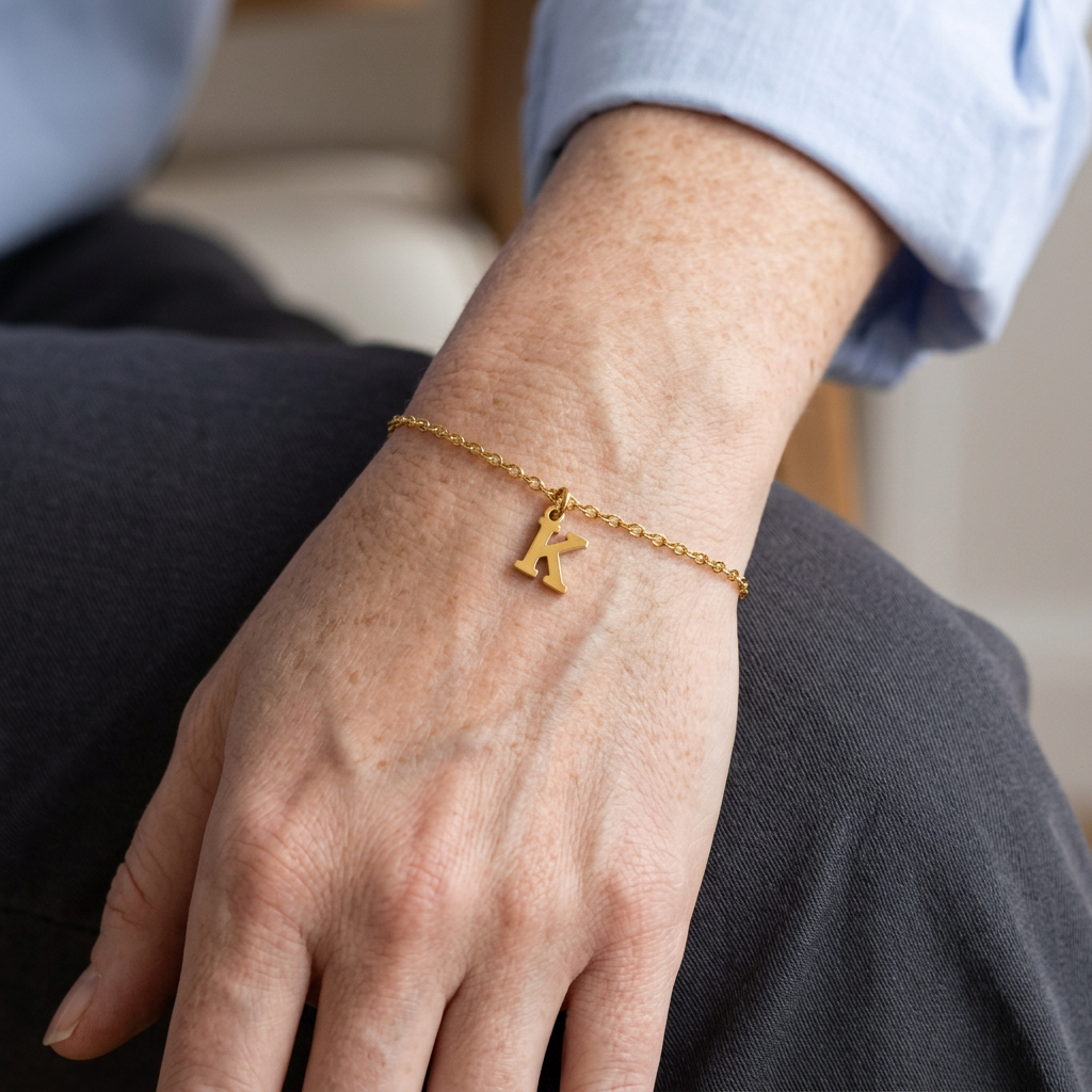 New gold K initial bracelet lifestyle image