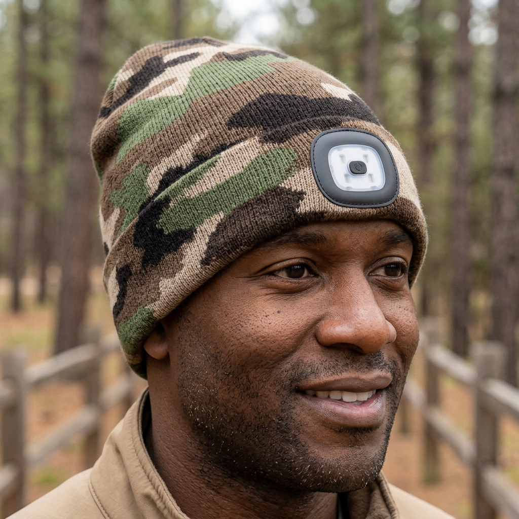 Night Scope camouflage LED beanie on an adult model