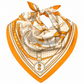 Orange and cream printed silk scarf with an orange border, styled in a loose knot