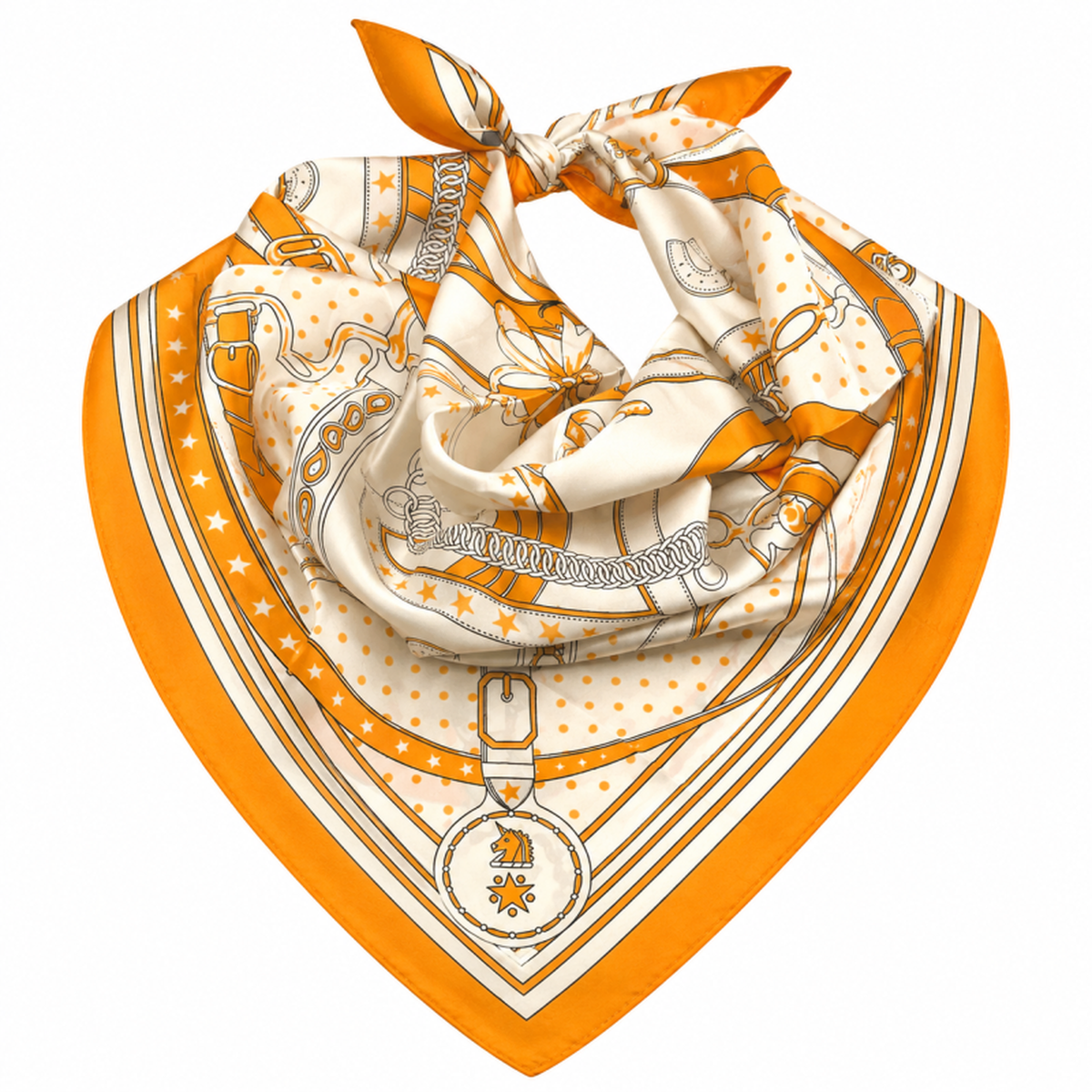 Orange and cream printed silk scarf with an orange border, styled in a loose knot