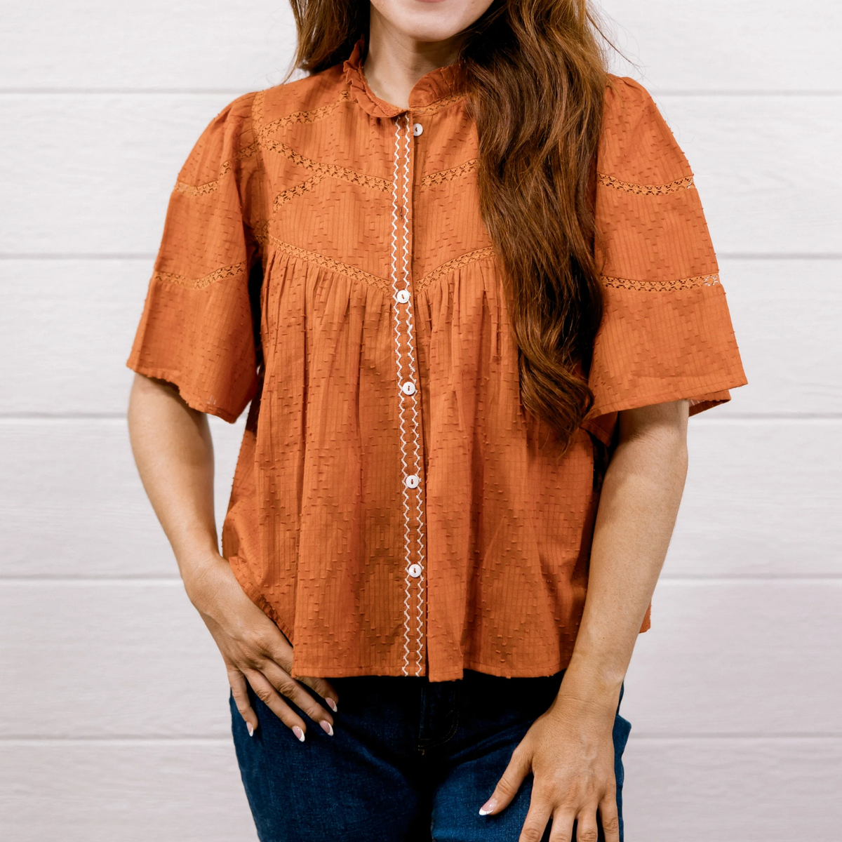 Paige Lace Trim Button-Front Top