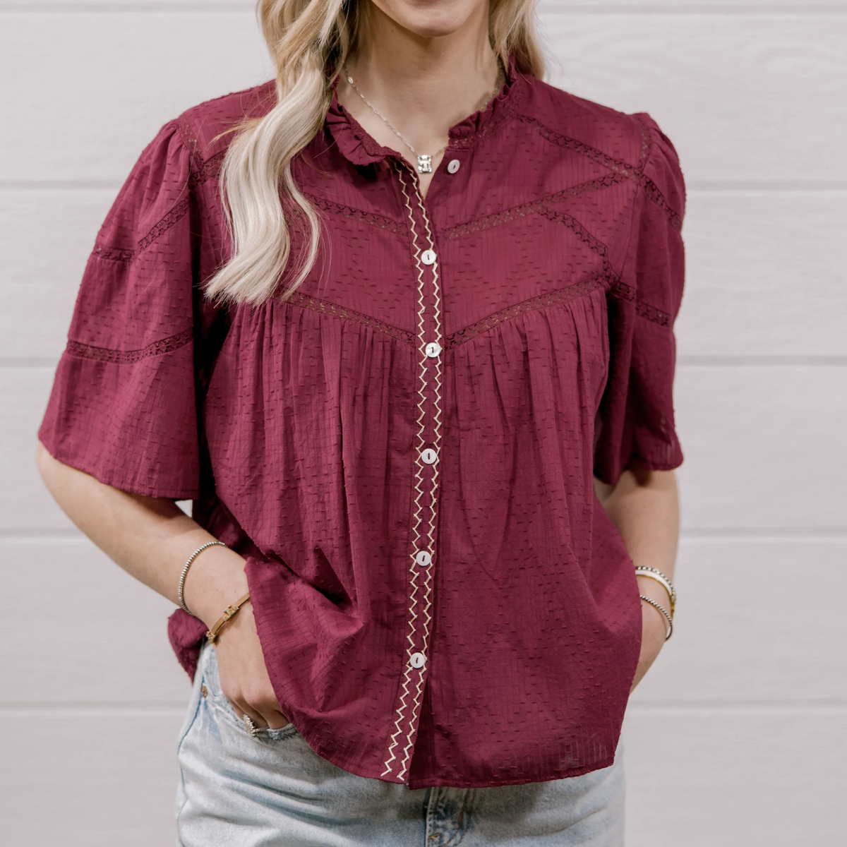 Paige Lace Trim Button-Front Top