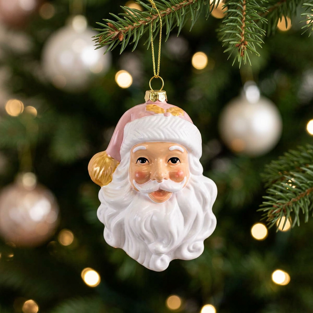 Pink and white Santa ornament hanging on a Christmas tree