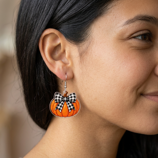Pumpkin Bow Earrings on a teen model