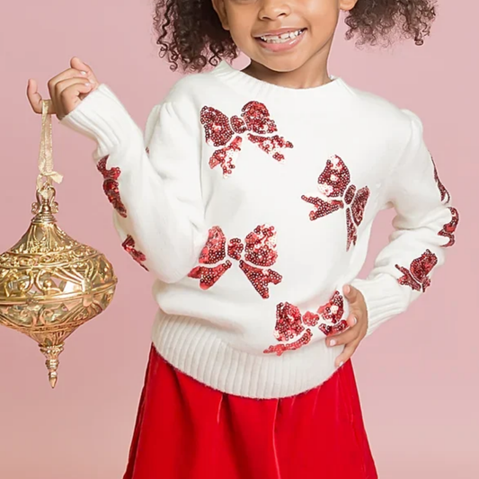 Kids' Red Sequin Bow Christmas Sweater