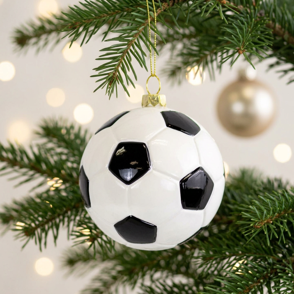 Soccer ornament hanging on a Christmas tree