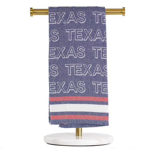 Navy Texas jacquard hand towel with white lettering and red and white stripe details